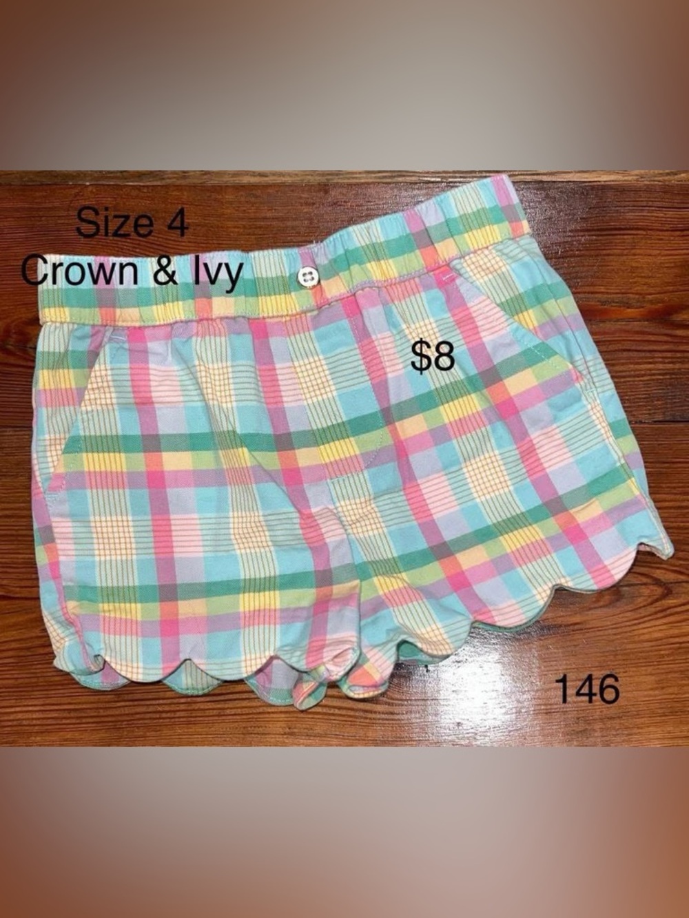Girls Pastel Plaid Scallop Hem Shorts